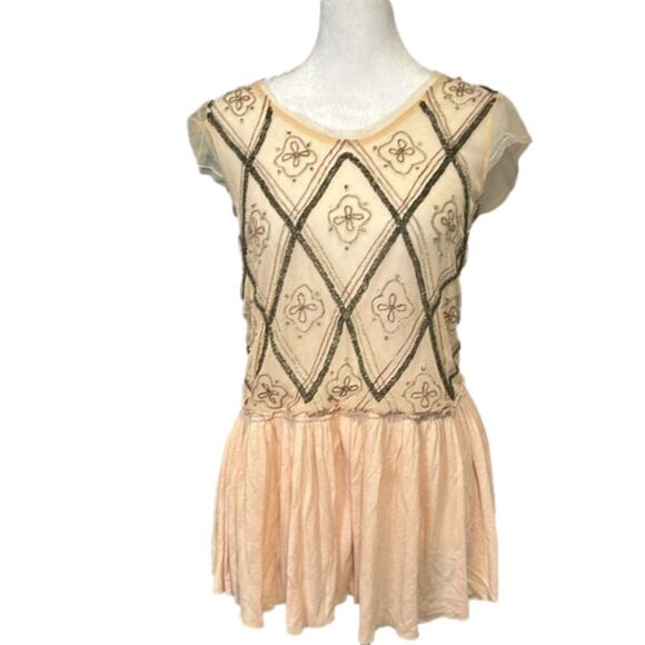 Free People boho intricately beaded embroidered blush sheer top XS TP LOOSE FIT - Picture 3 of 17